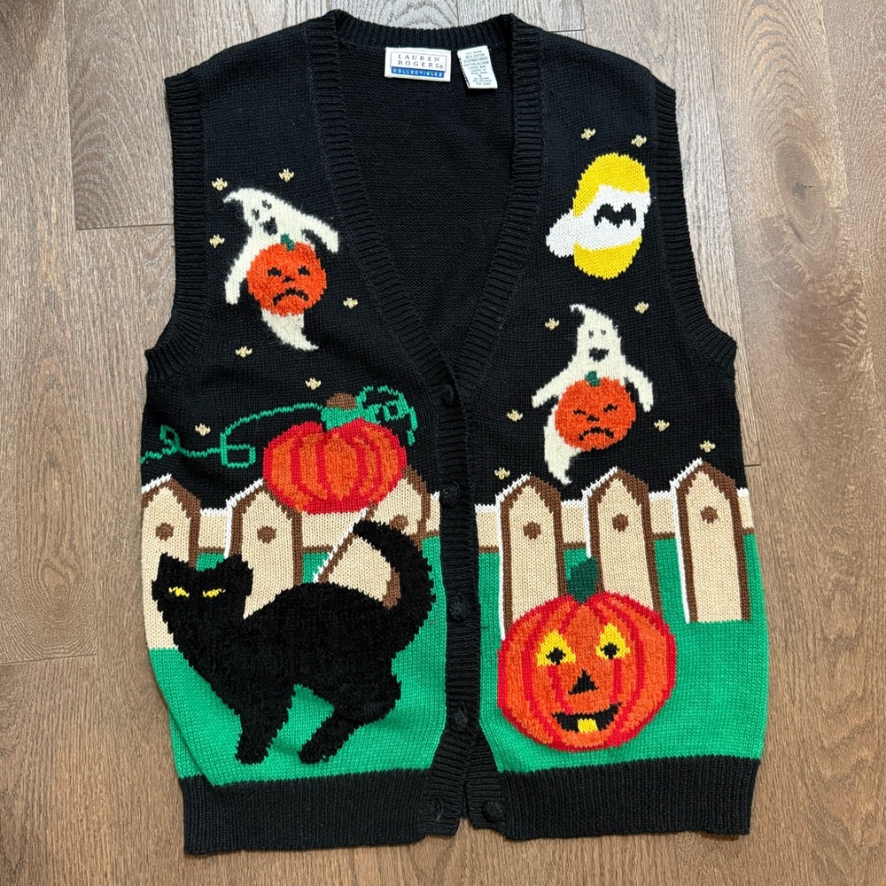 Lauren Rogers Vintage knit Halloween Sweater Vest Teacher Sweater 90s Y2K